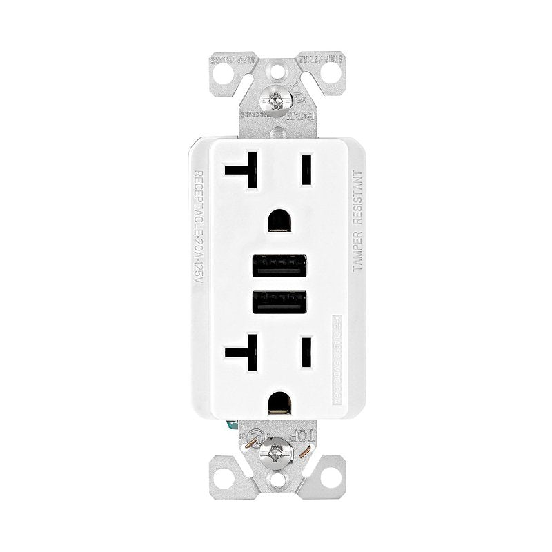 Eaton TR7766W-KB-L Duplex Receptacle with USB Ports, 2 -Pole, 20 A, 125 V, NEMA: 5-20R, White