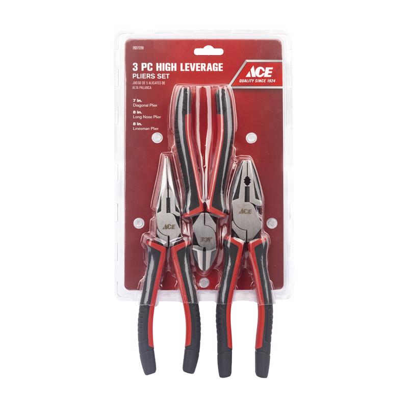 Ace 3 pc Chrome Vanadium Steel High Leverage Diagonal Pliers Set