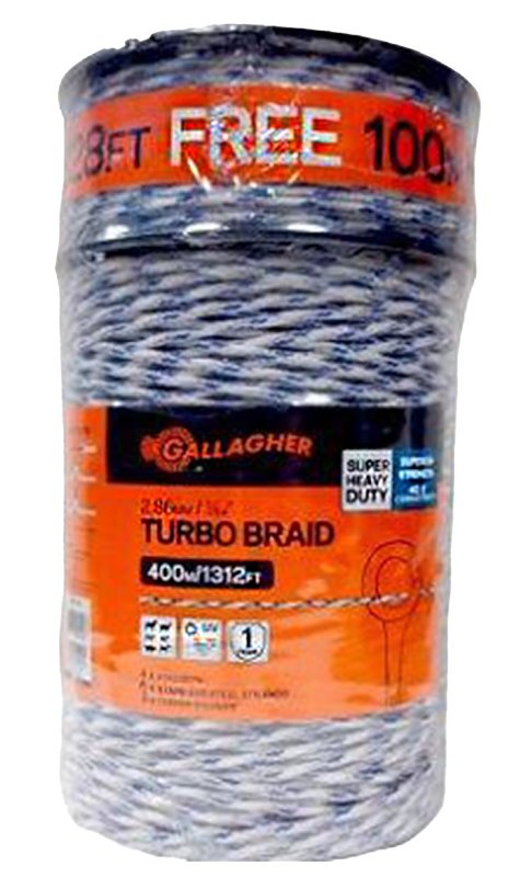 Gallagher G62148 Turbo Braid, 2-Conductor, Copper/Stainless Steel Conductor, Poly Insulation, White, 1312 ft L