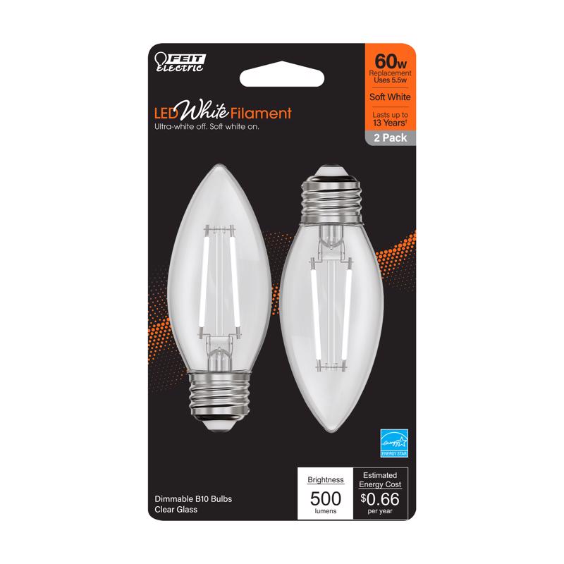 Feit Electric B10 E26 (Medium) Filament LED Bulb Soft White 60 Watt Equivalence 2 pk