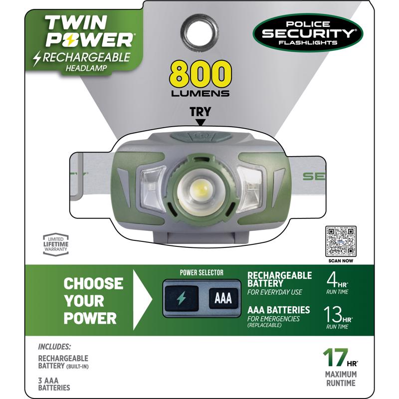 Police Security Twin Power 800 lm Gray/Green LED Head Lamp AAA Battery