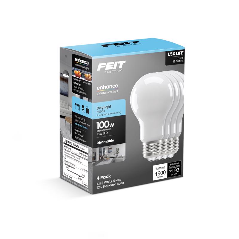 Feit A19 E26 (Medium) LED Bulb Daylight 100 Watt Equivalence 4 pk