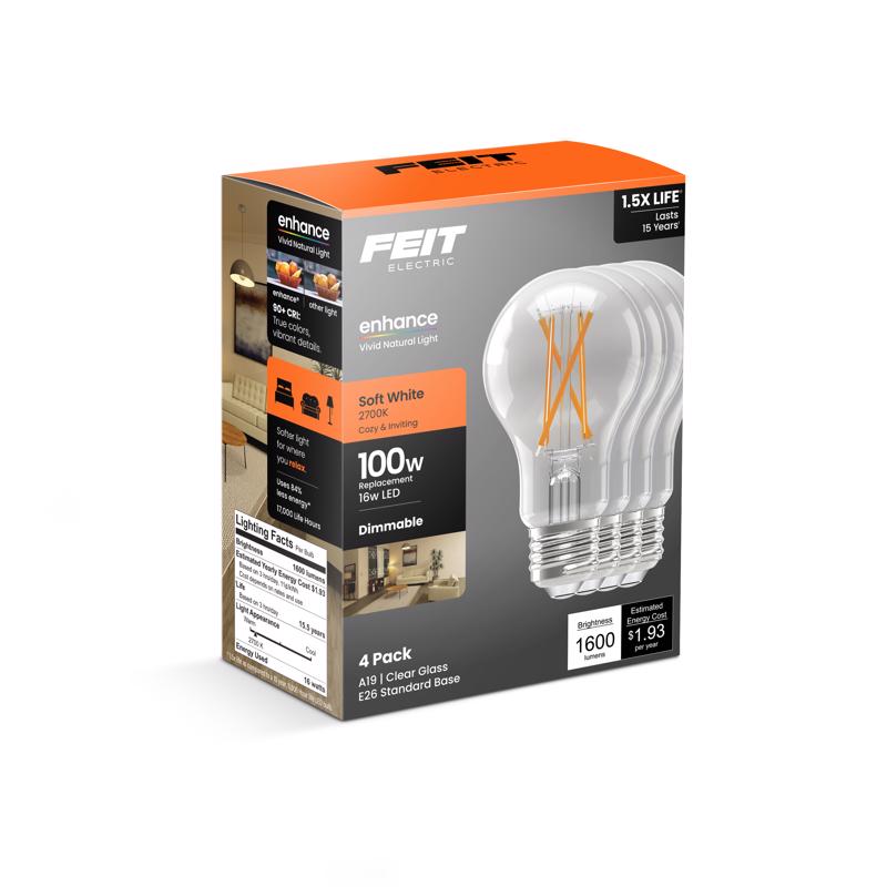 Feit A19 E26 (Medium) Filament LED Bulb Soft White 100 Watt Equivalence 4 pk