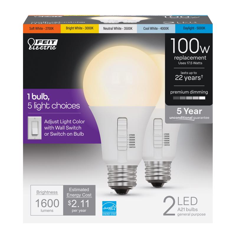Feit Electric OM100DM/6WYCA/2 A21 LED Light Bulb, 1600 lumens, Pack of 2