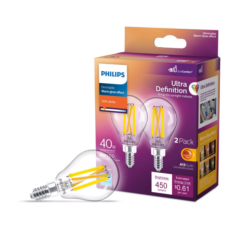 Philips Ultra Definition A15 E12 (Candelabra) LED Bulb Soft White 40 Watt Equivalence 2 pk