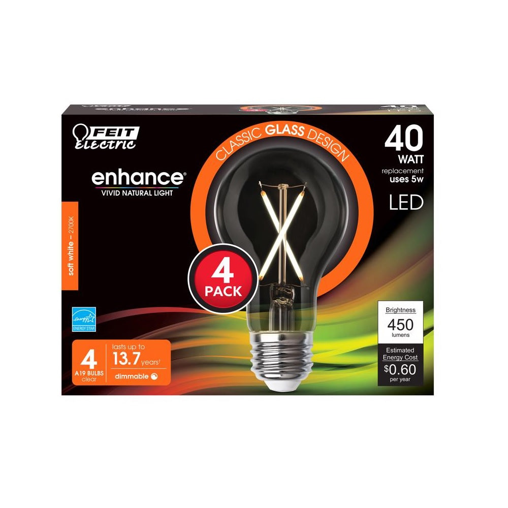 Feit Electric A1940CL927CAFL4 A19 Filament LED Bulb, 5 Watts