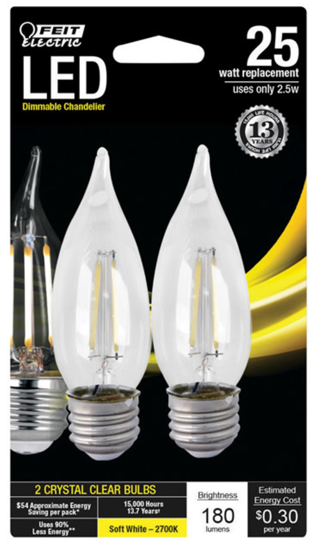Feit Electric BPEFC25927CAFL2 LED Chandelier Bulbs, 2.5 Watts