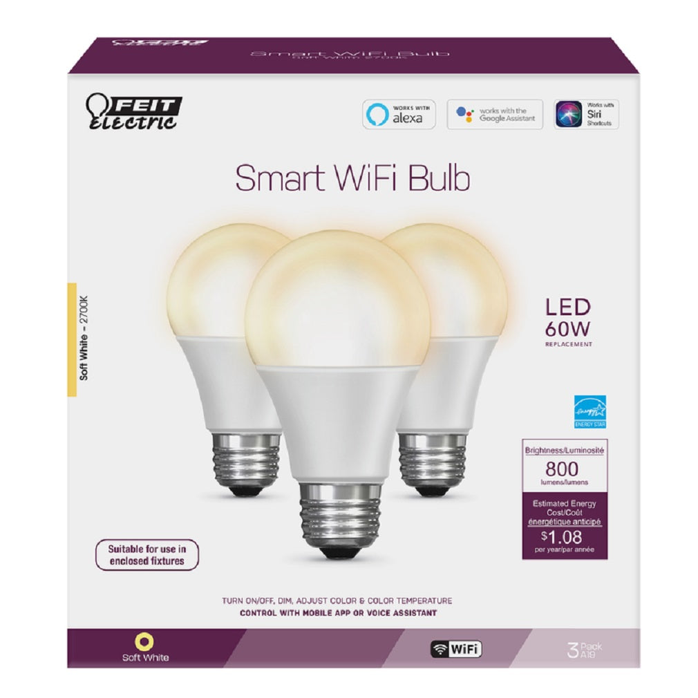 Feit Electric OM60/927CA/AG/3 LED Smart WiFi Bulb, Soft White