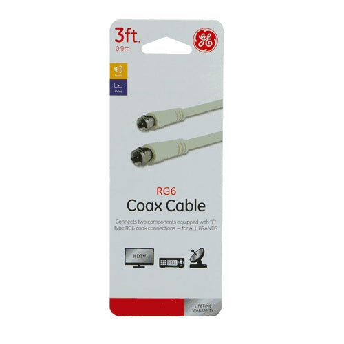 GE 34481 RG6 Coaxial Video Cable, White, 3'
