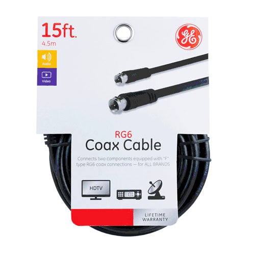 GE 33627 RG6 Video Coaxial Cable, 15', Black