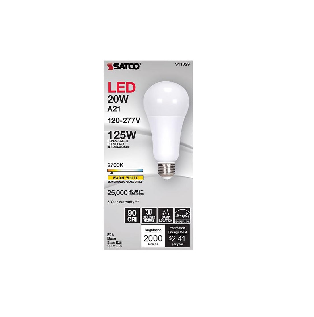 Satco S11329 A21 E26 Filament LED Bulb, Warm White