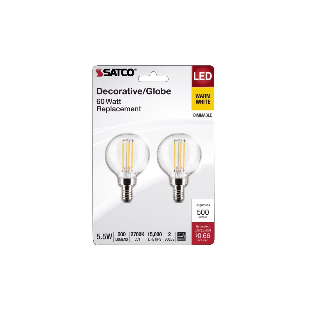 Satco S21814 G16.5 E12 Filament LED Bulb, Warm White