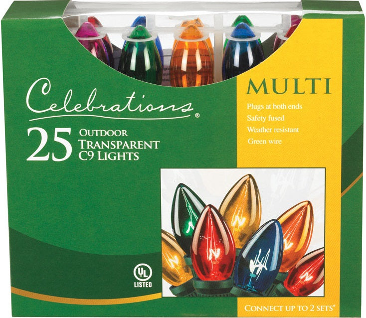 Celebrations C42U4211 C9 Light Set, 25', Transparent, 25 Multi-Color Bulbs