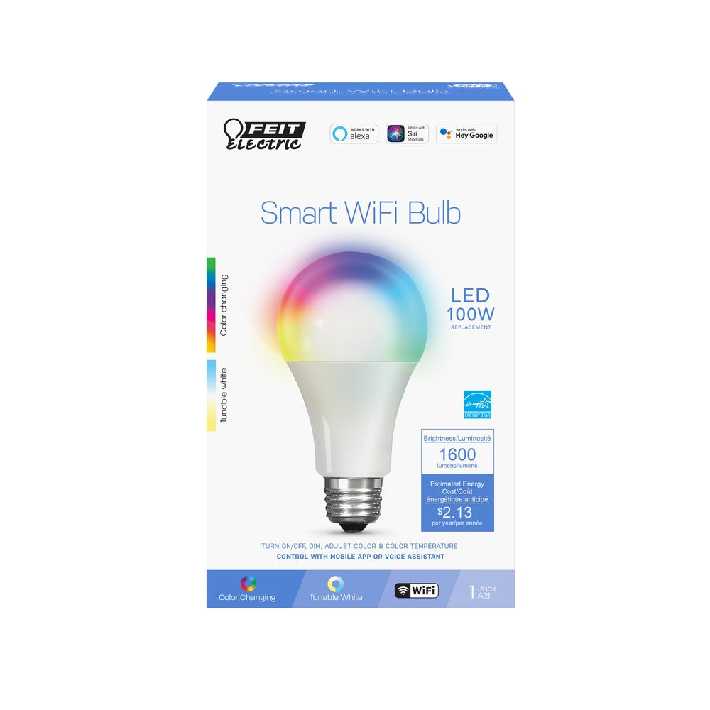 Feit Electric OM100/RGBWCA/AG A21 LED Smart Bulb, Clear, 100 Watt