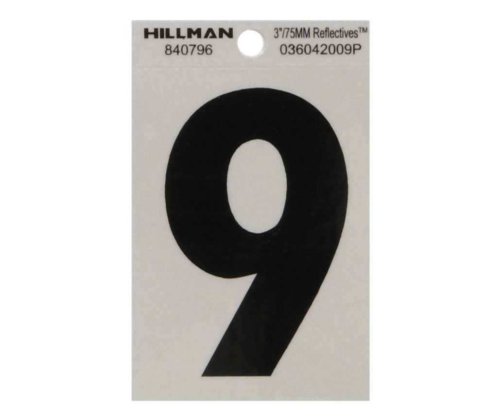 Hillman Reflective Mylar Self-Adhesive Number, 3", Black, 1 pc
