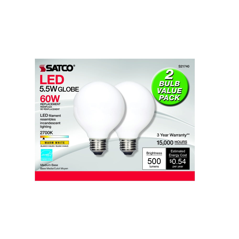 Satco S21740 E26 (Medium) Warm White LED Bulb, 60 Watt, 2 pk
