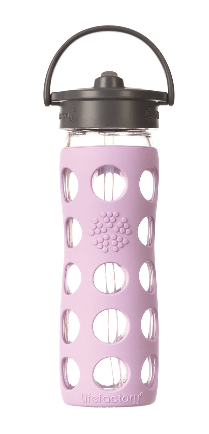 Lifefactory 224040 Glass Water Bottle with Straw Cap, 16 Oz, Lilac